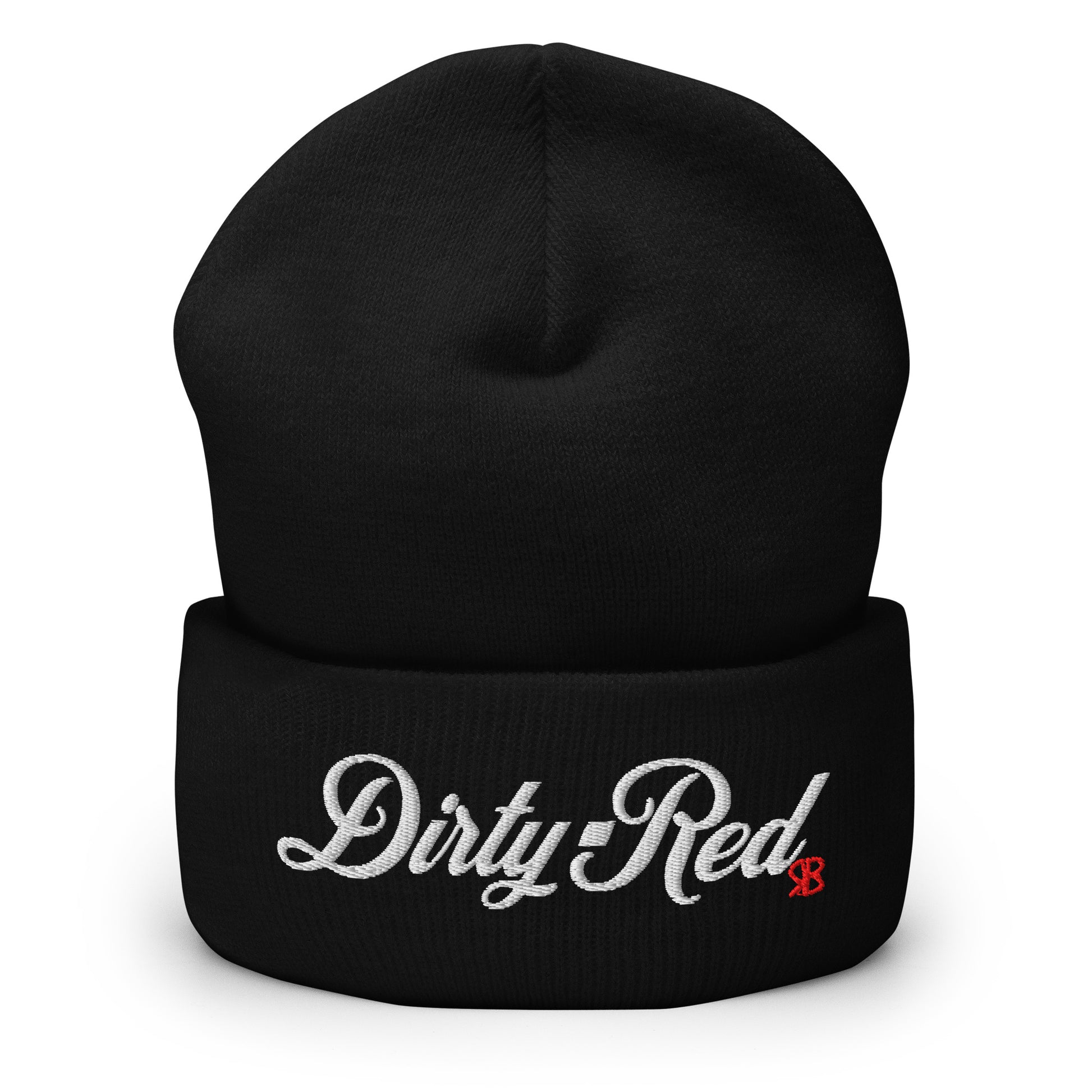 black knitted beanie with the embroidered phrase “Dirty Red” in white script and a small red RB logo on the fold-over cuff, displayed against a clean white background.