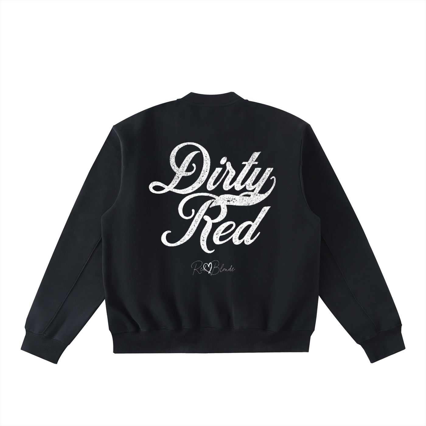 Black unisex zip up fleece bomber jacket  featuring bold white milkstore script “Dirty Red” lettering and the RedBlonde logo printed on the back in a vintage script style.