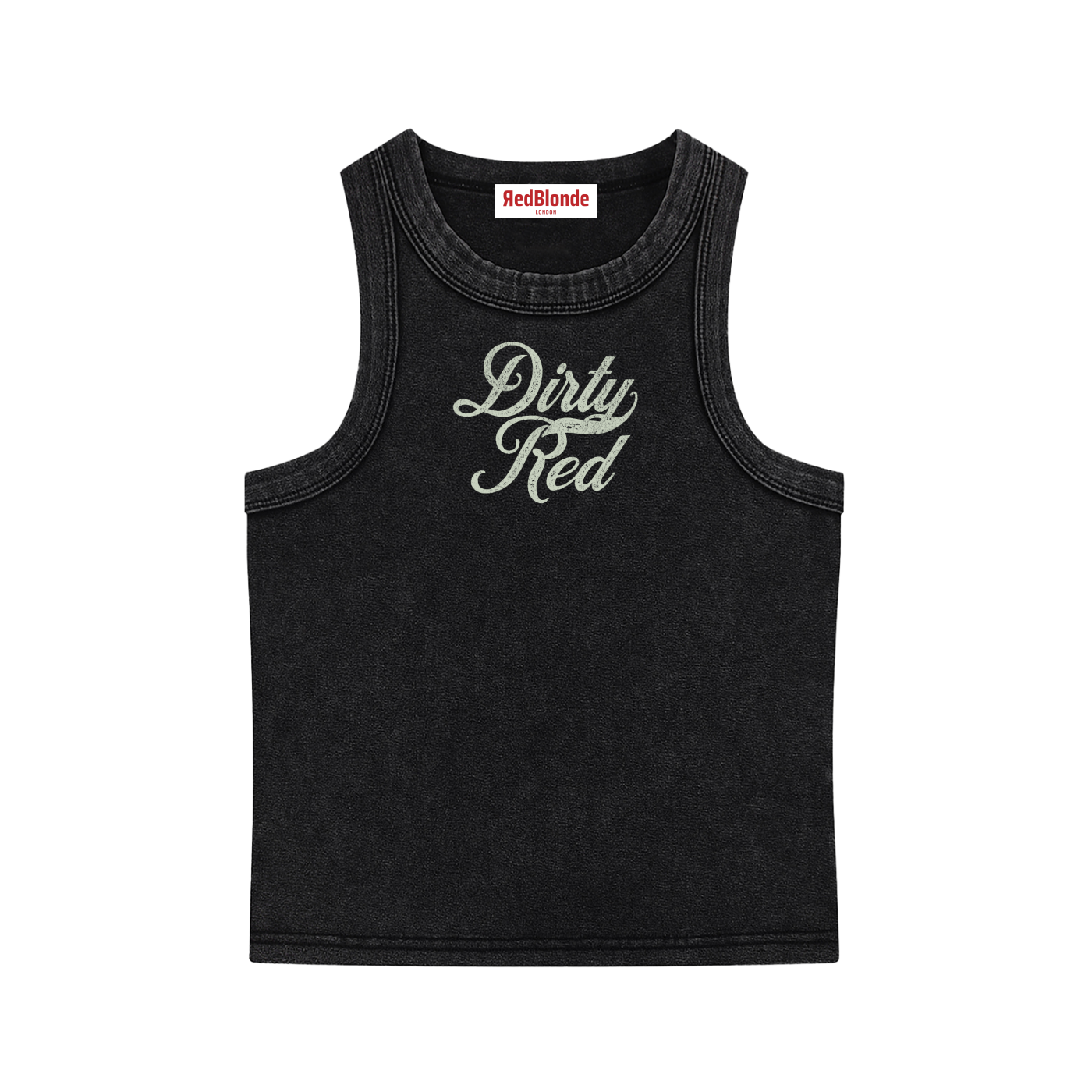 black snow-wash tank top with raw-edge seams and the phrase ‘Dirty Red’ printed in vintage Milkstore pale green font across the chest