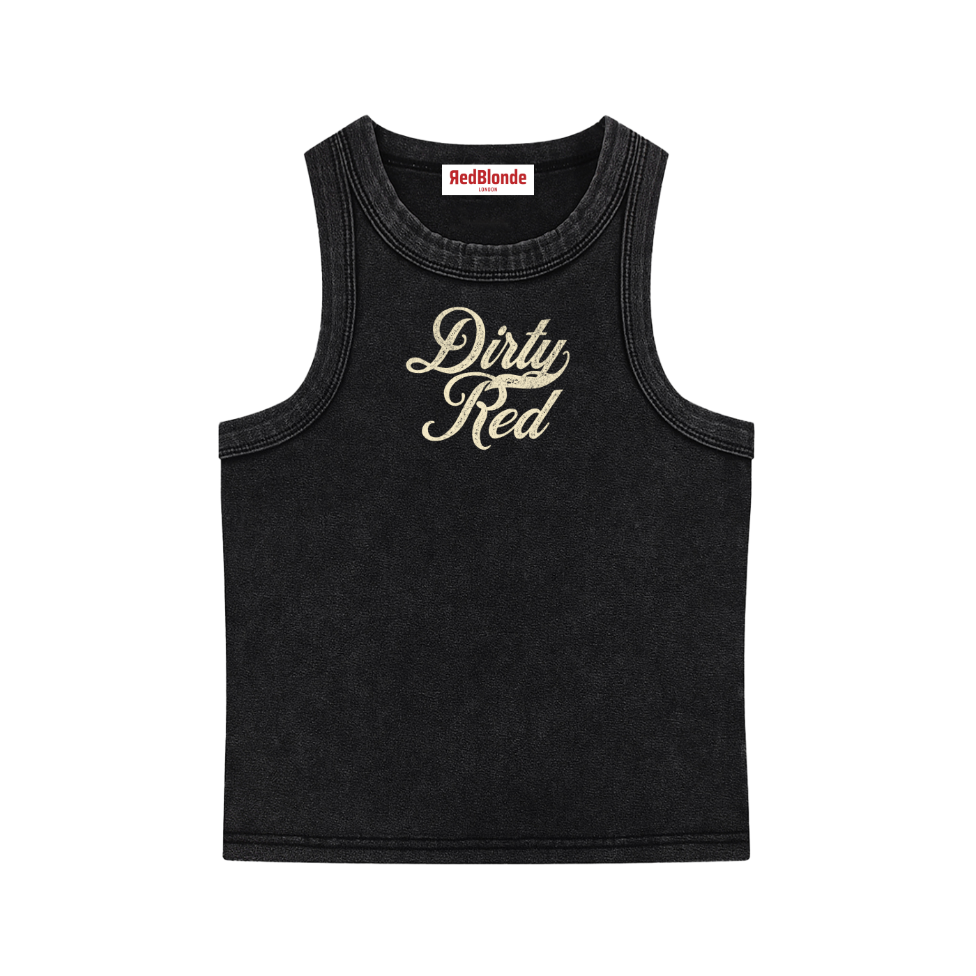 black snow-wash tank top with raw-edge seams and the phrase ‘Dirty Red’ printed in vintage Milkstore pale yellow font across the chest