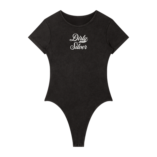 Washed charcoal ribbed short sleeve bodysuit with a crew neckline and white Dirty Silver Milkstore font graphic at the chest.