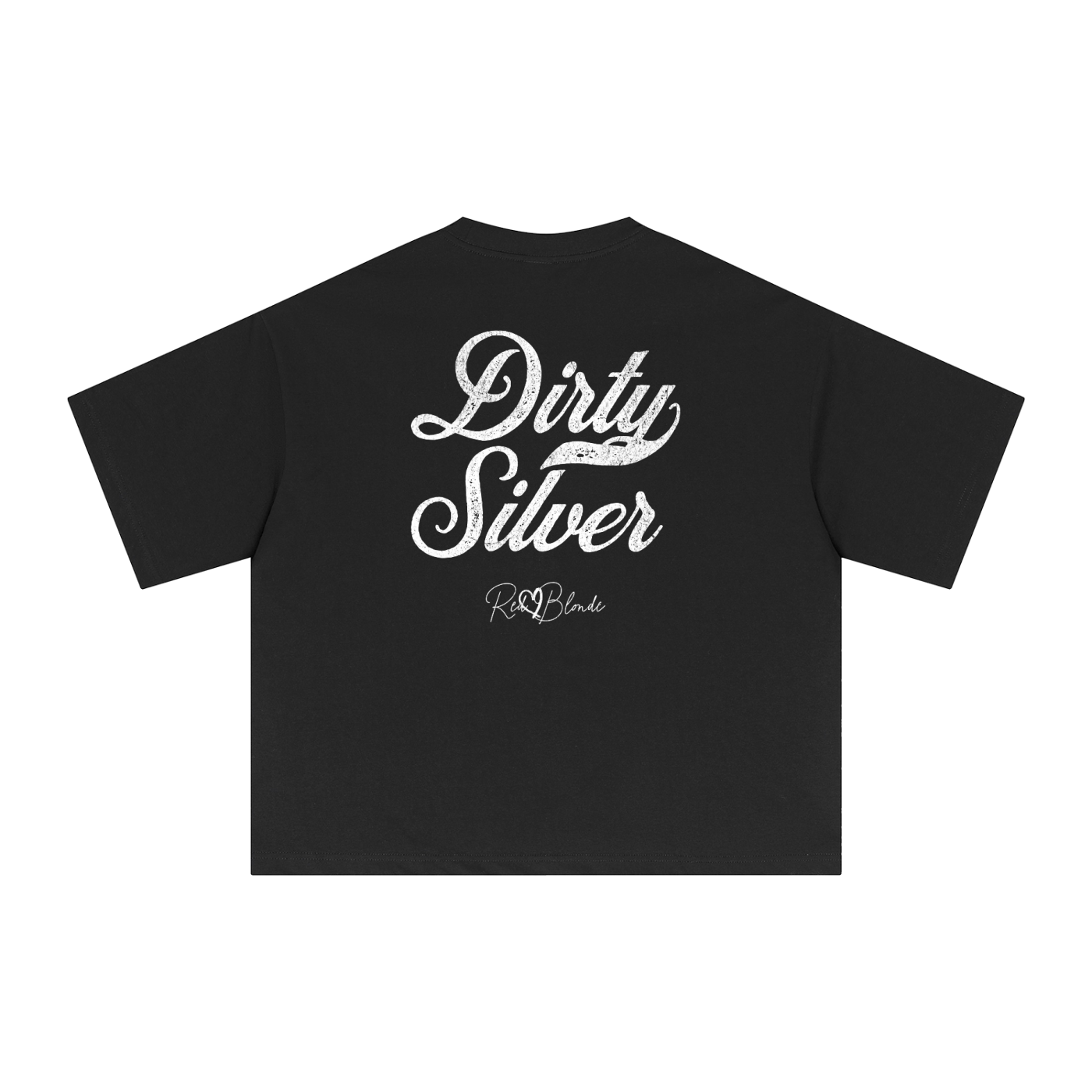 Back view of a black boxy oversized unisex T-shirt with bold white Milkstore 01 vintage-style script reading “Dirty Silver” and the RedBlonde signature logo beneath