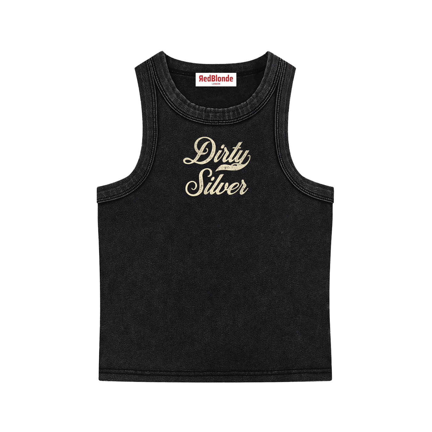 black snow-wash tank top with raw-edge seams and the phrase ‘Dirty Silver’ printed in vintage Milkstore lemon font across the chest, 