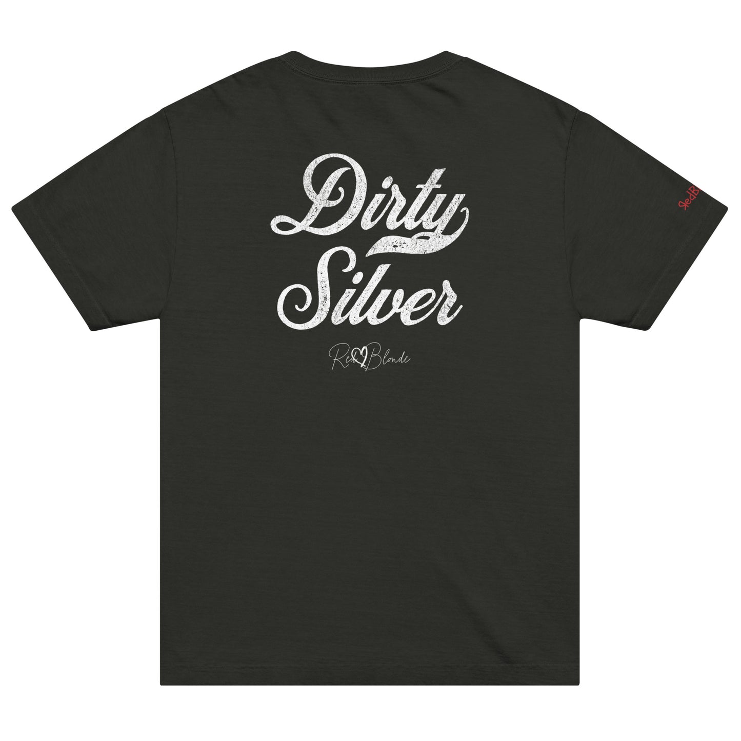 Back view of a black vintage wash oversized unisex T-shirt with bold white Milkstore 01 vintage-style script reading “Dirty Silver” and the RedBlonde signature logo beneath, plus a small RedBlonde logo detail on the right sleeve. 