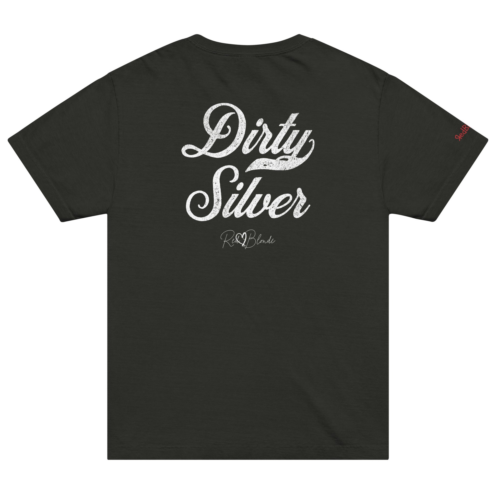Back view of a black vintage wash oversized unisex T-shirt with bold white Milkstore 01 vintage-style script reading “Dirty Silver” and the RedBlonde signature logo beneath, plus a small RedBlonde logo detail on the right sleeve. 