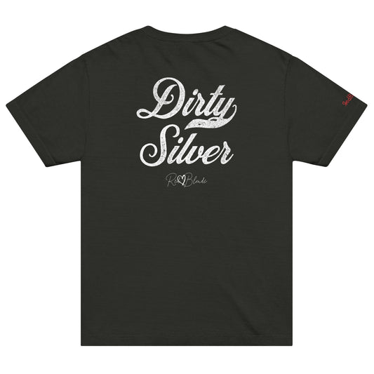 Back view of a black vintage wash oversized unisex T-shirt with bold white Milkstore 01 vintage-style script reading “Dirty Silver” and the RedBlonde signature logo beneath, plus a small RedBlonde logo detail on the right sleeve. 
