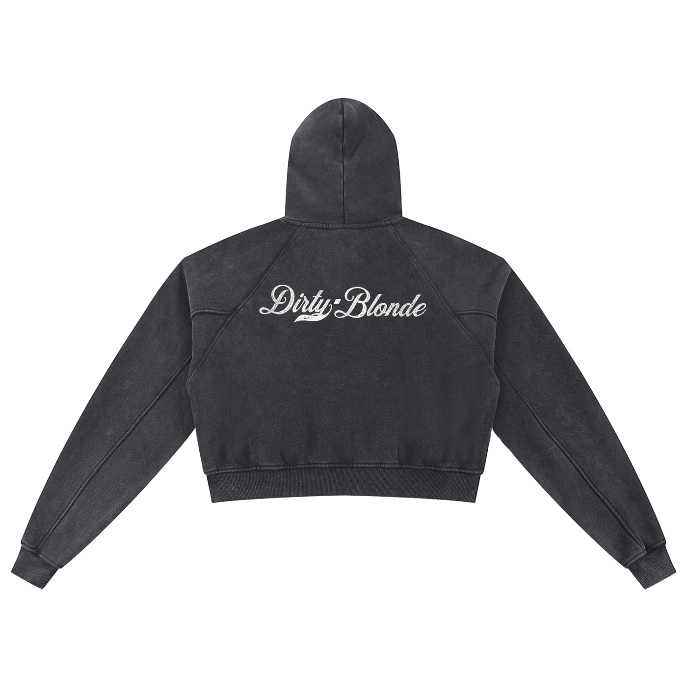 black cropped hoodie with long sleeves and a hood, featuring a white Dirty Blonde Milkstore script logo printed across the upper back.