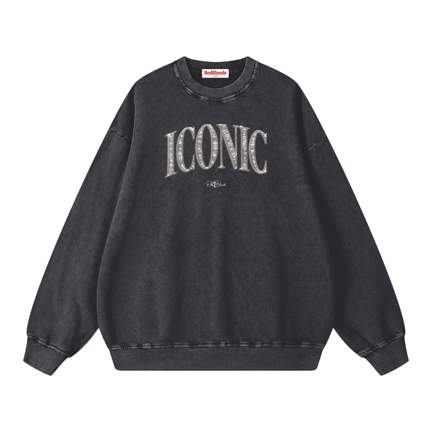 RedBlonde oversized acid-wash sweatshirt in black with diamanté-effect "ICONIC" graphic print on the chest and RedBlonde script logo beneath, crew neck, ribbed cuffs and hem