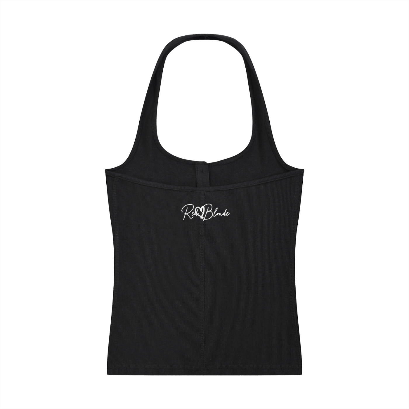 Black ribbed henley tank top with a fitted silhouette and small black RedBlonde logo printed at the upper back.