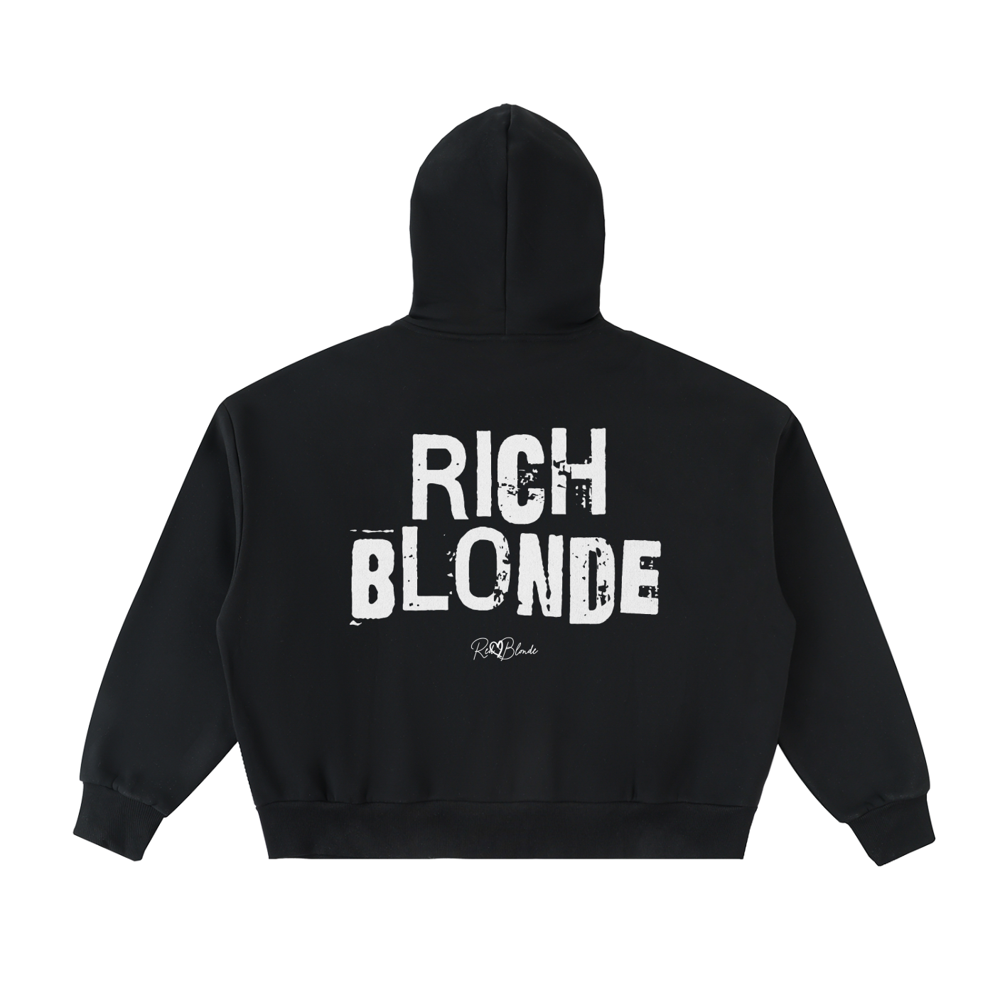 Black hem to hood zip-up hoodie with cropped oversized fit and ribbed cuffs/hem, featuring large distressed white “RICH BLONDE” Ed Gein text across the back with a small “RedBlonde” script logo beneath.