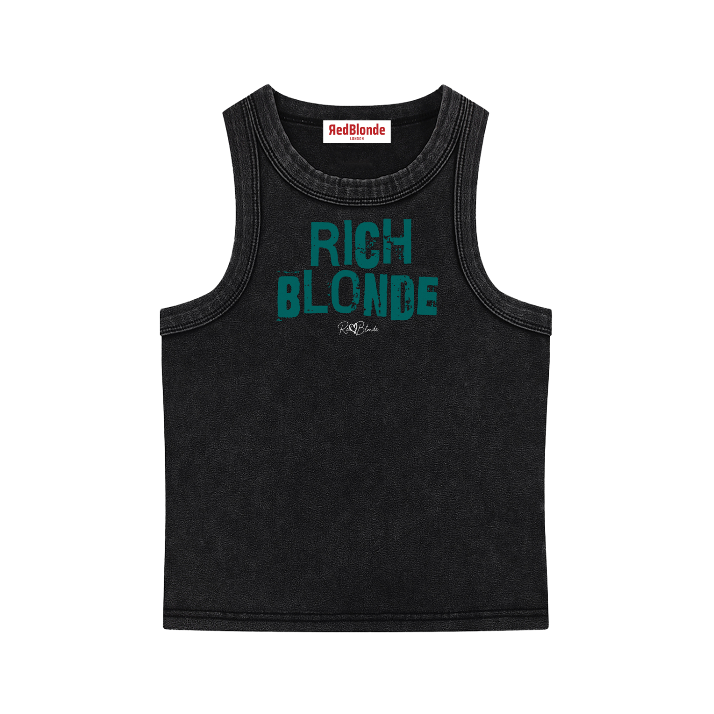 Black acid-wash vintage tank top with bold green Ed Gein font “RICH BLONDE” slogan on the front and RedBlonde logo beneath.