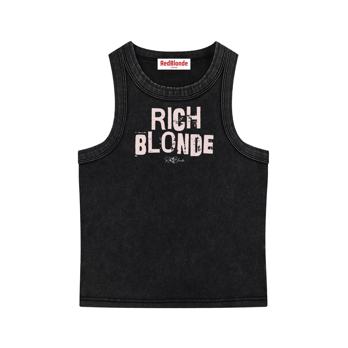 Black acid-wash vintage tank top with bold pale pink Ed Gein font “RICH BLONDE” slogan on the front and RedBlonde logo beneath.