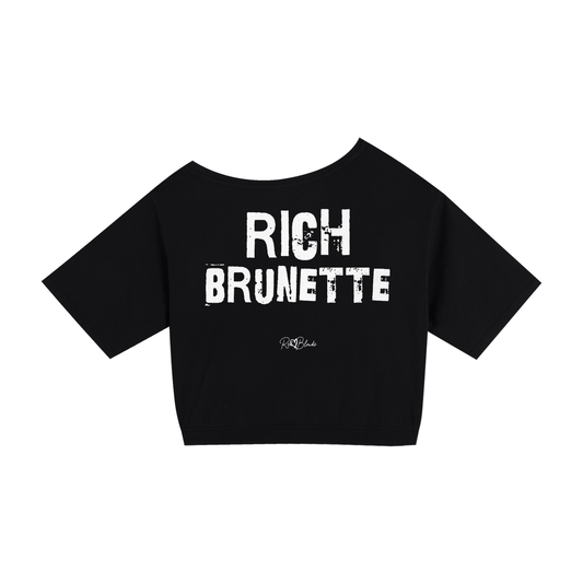 black asymmetrical shoulder t-shirt with bold white Ed Gein font “RICH BRUNETTE" slogan on the front and RedBlonde logo beneath.