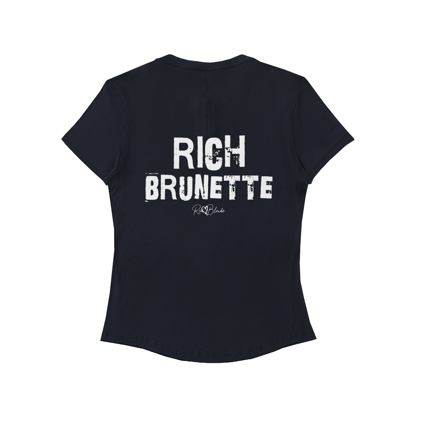Back view of a black slightly fitted women’s henley T-shirt with short sleeves and a gently curved hem. Centered on the upper back is bold distressed black Ed Gein text reading “RICH BRUNETTE” with a small RedBlonde signature script logo beneath it. The shirt is shown on a plain white background.