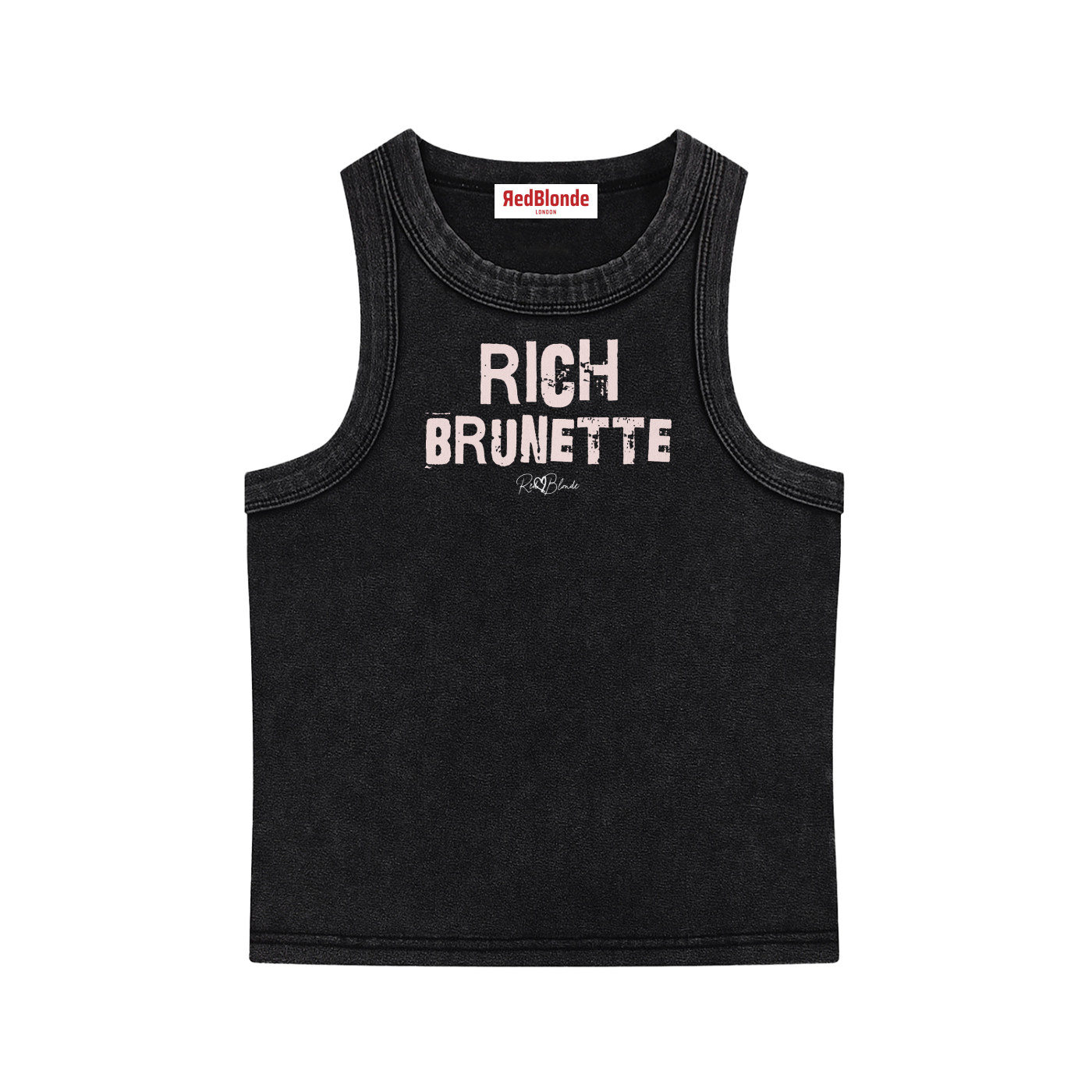 black acid-wash vintage tank top with bold pale pink Ed Gein font “RICH Brunette" slogan on the front and RedBlonde logo beneath.