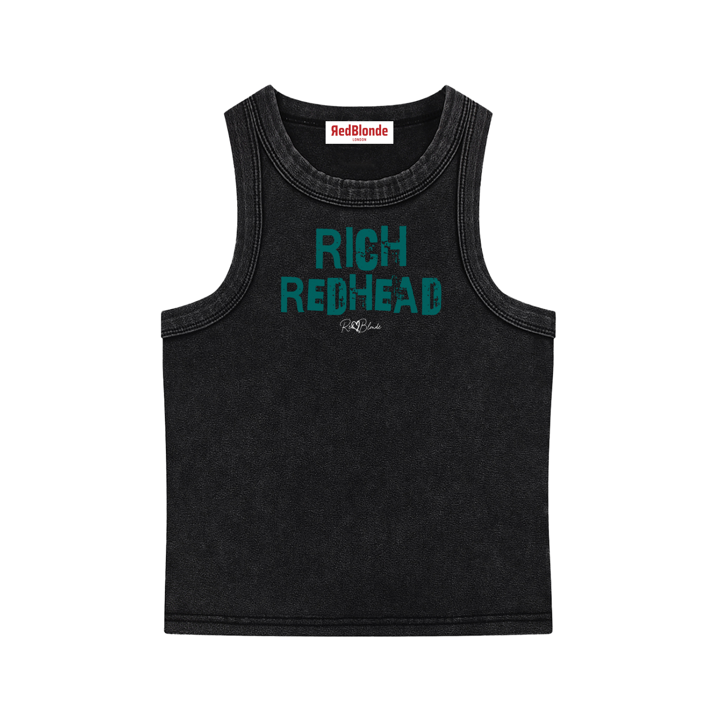 black acid-wash vintage tank top with bold green Ed Gein font “RICH REDHEAD" slogan on the front and RedBlonde logo beneath.