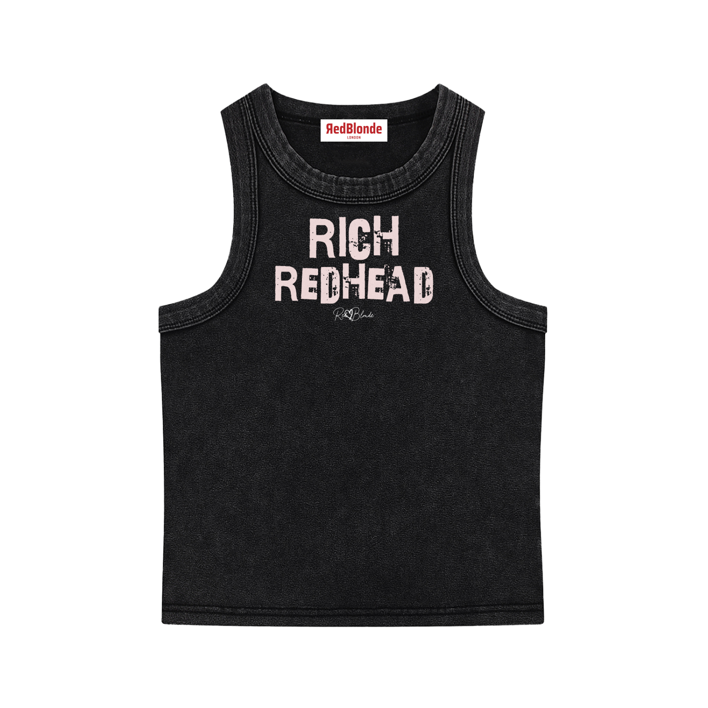 black  acid-wash vintage tank top with bold white Ed Gein font “RICH REDHEAD" slogan on the front and RedBlonde logo beneath.