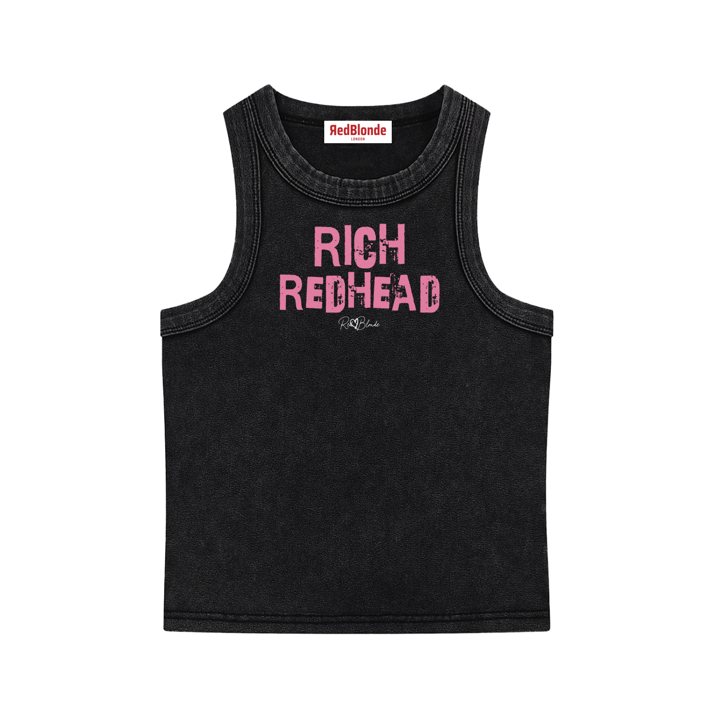 black acid-wash vintage tank top with bold pink Ed Gein font “RICH REDHEAD" slogan on the front and RedBlonde logo beneath.