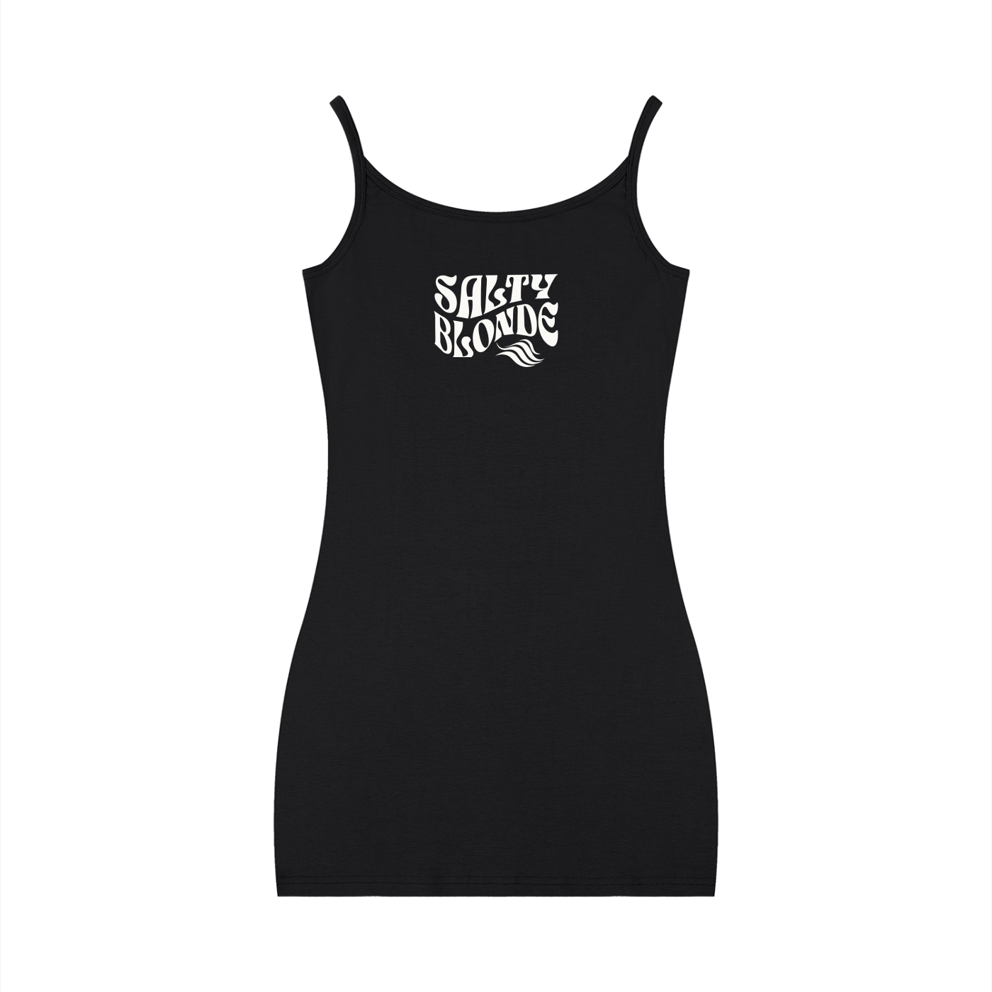 Black bodycon mini dress with thin straps and a scoop neckline, featuring a white Salty Blonde graphic in Solino Display font on the chest.