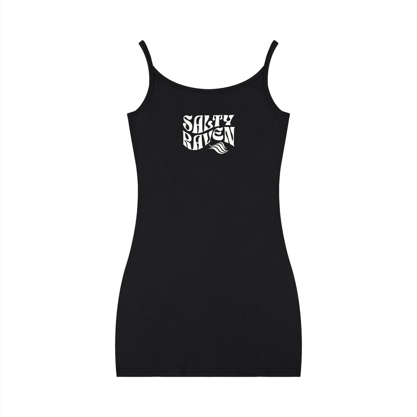 Black bodycon mini dress with thin straps and a scoop neckline, featuring a white Salty Raven graphic in Solino Display font on the chest.