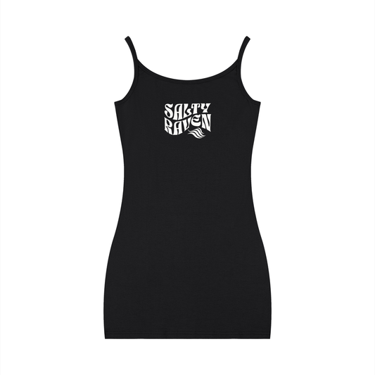 Black bodycon mini dress with thin straps and a scoop neckline, featuring a white Salty Raven graphic in Solino Display font on the chest.