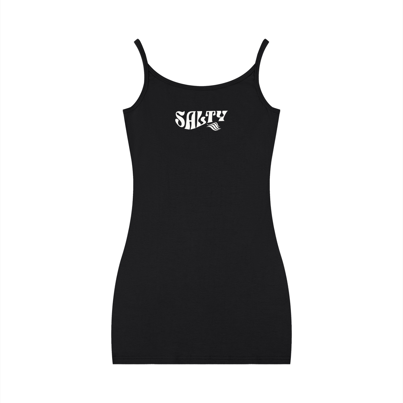 Black bodycon mini dress with thin straps and a scoop neckline, featuring a white Salty graphic in Solino Display font on the chest.