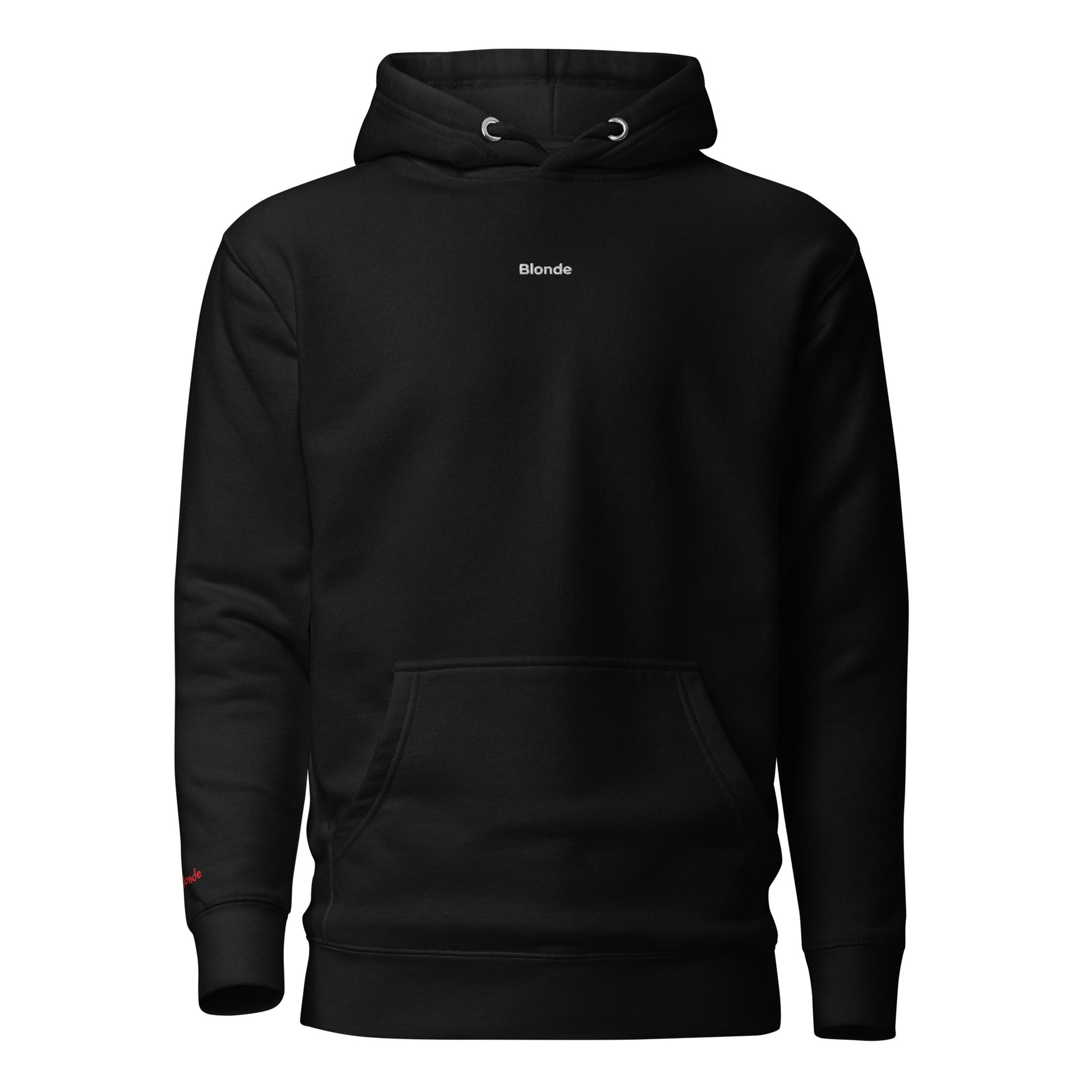 front view of black unisex front pocket hoodie with BLONDE in monserrat font
