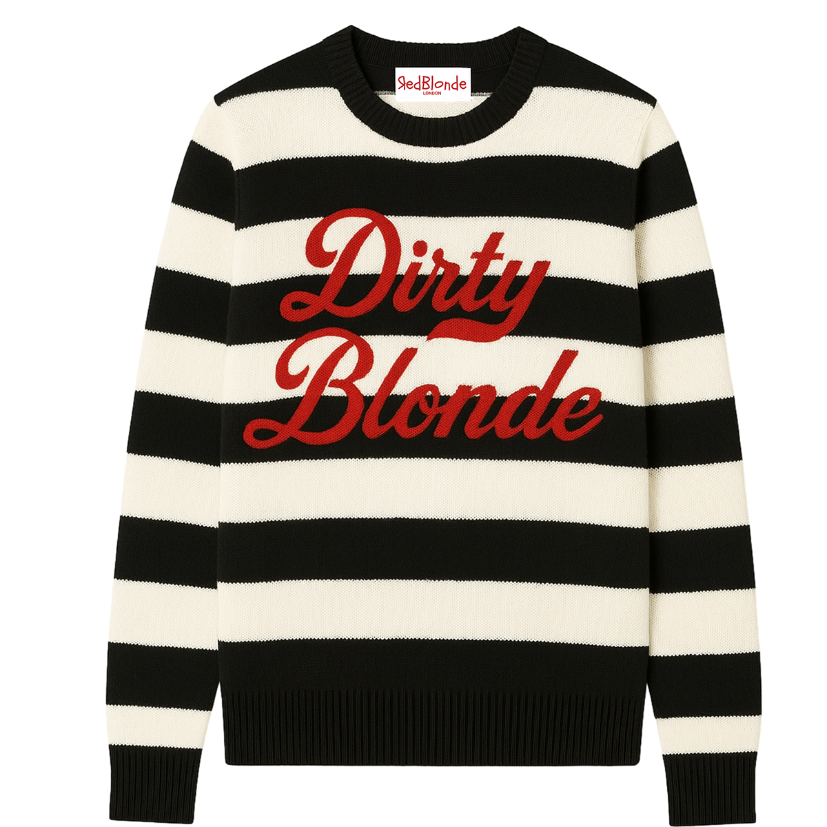 Black and light cream cashmere jumper with ‘Dirty Blonde’ knitted across the chest in red milkstore retro font