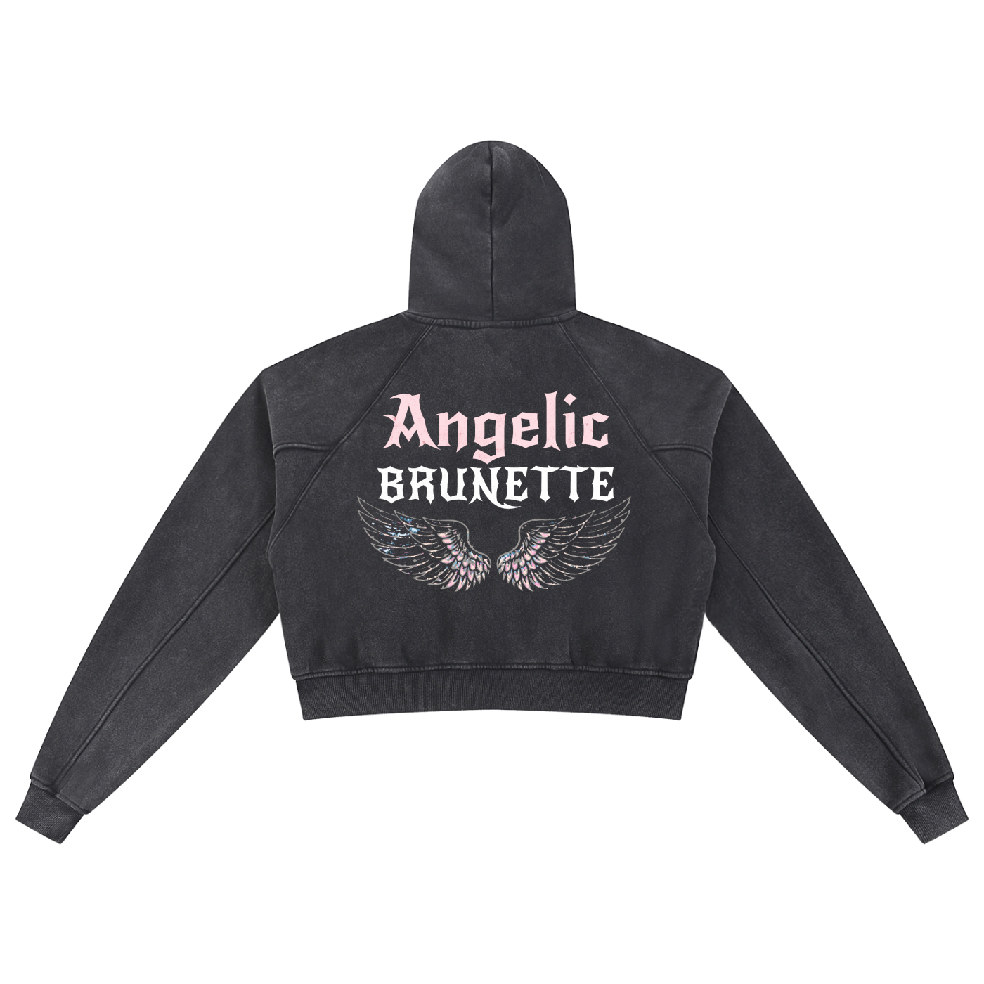 Back view of a black cropped hoodie with hood up, featuring “Angelic Brunette” New Rocker font text and iridescent angel wings graphic printed across the back on a white background.