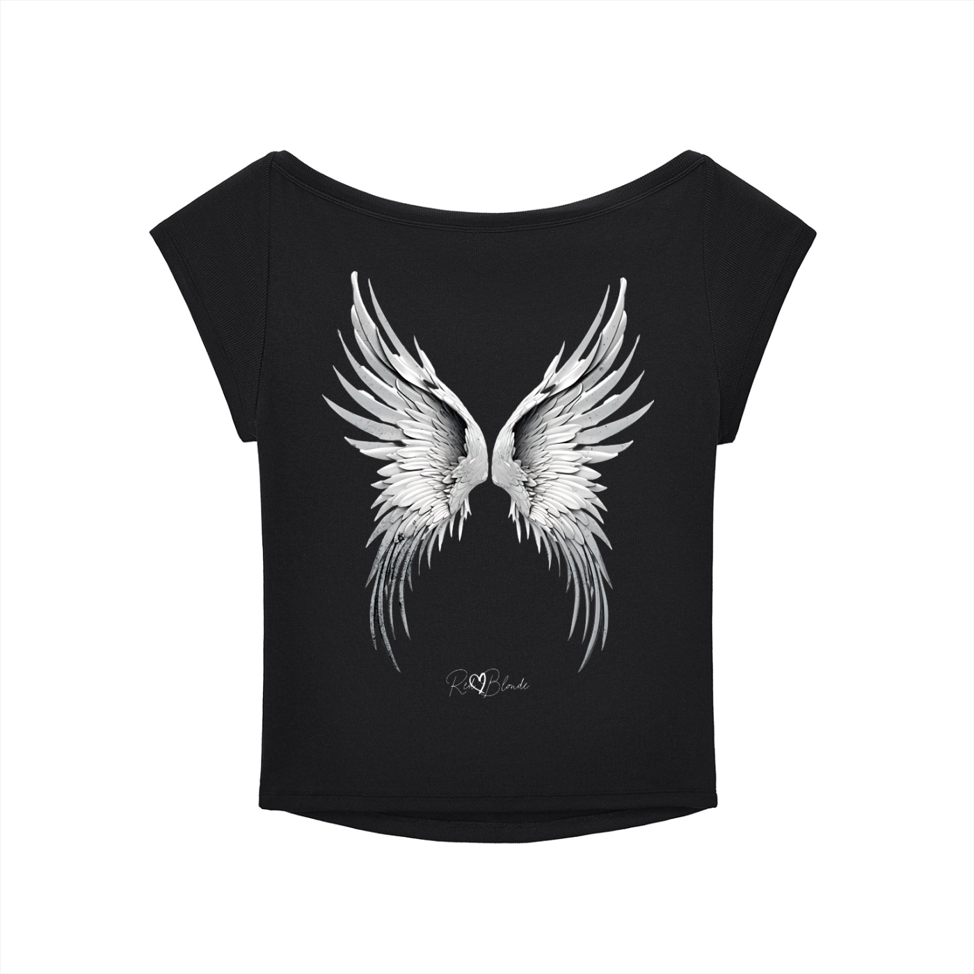 black wide-neck t-shirt featuring detailed silver angel wings and the RedBlonde signature logo beneath the design.