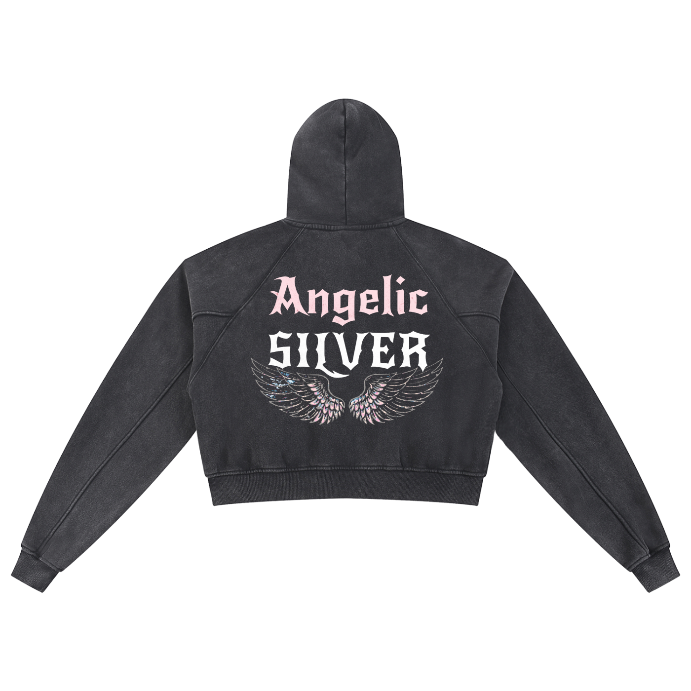 Back view of a black cropped hoodie with hood up, featuring “Angelic Silver” New Rocker font text and iridescent angel wings graphic printed across the back on a white background.