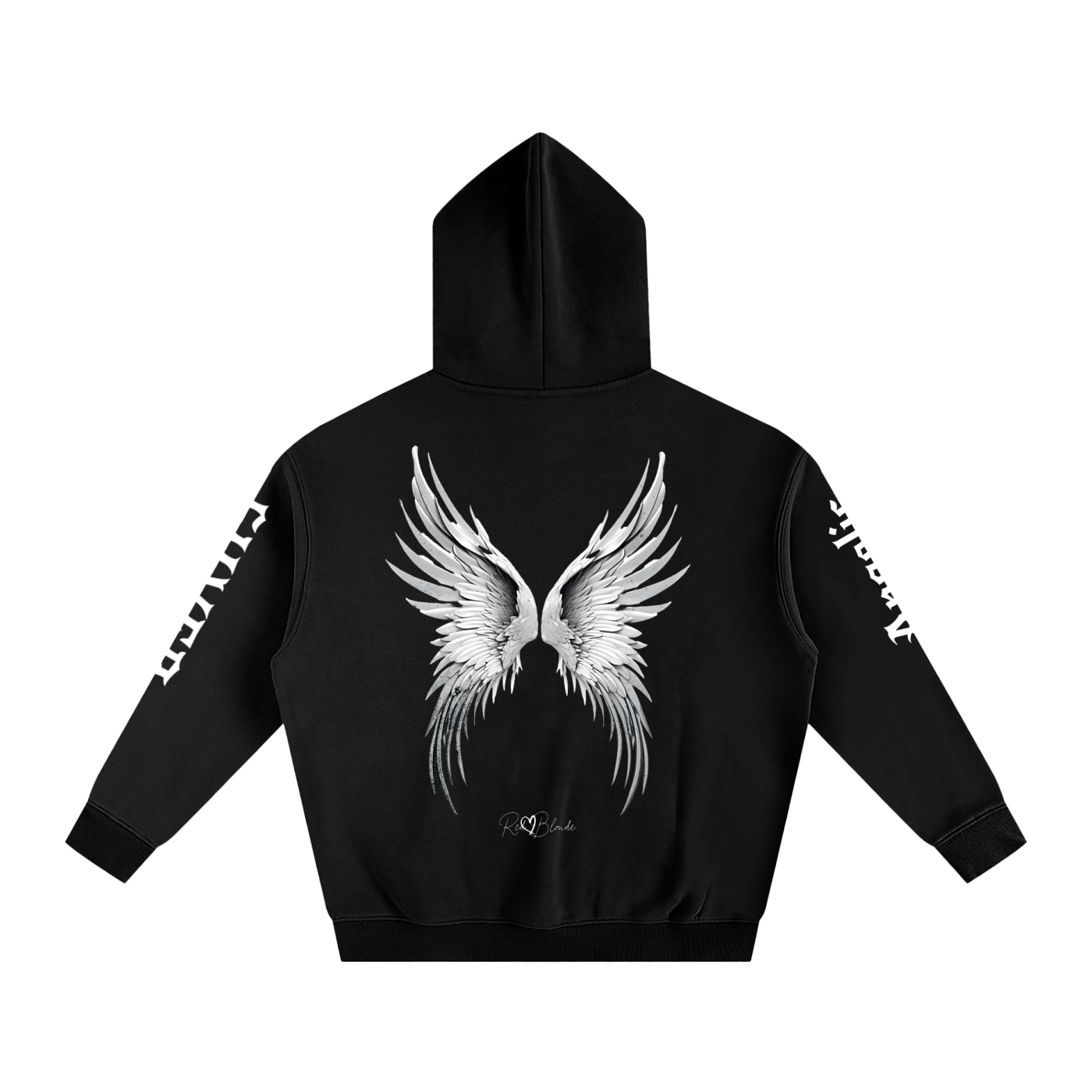 Back view of a black hoodie featuring large silver angel wings printed across the back, with black RedBlonde signature logo underneath. Each sleeve features gothic New Rockstar font graphic text  one sleeve says 'Angelic' and the other 'Silver' 