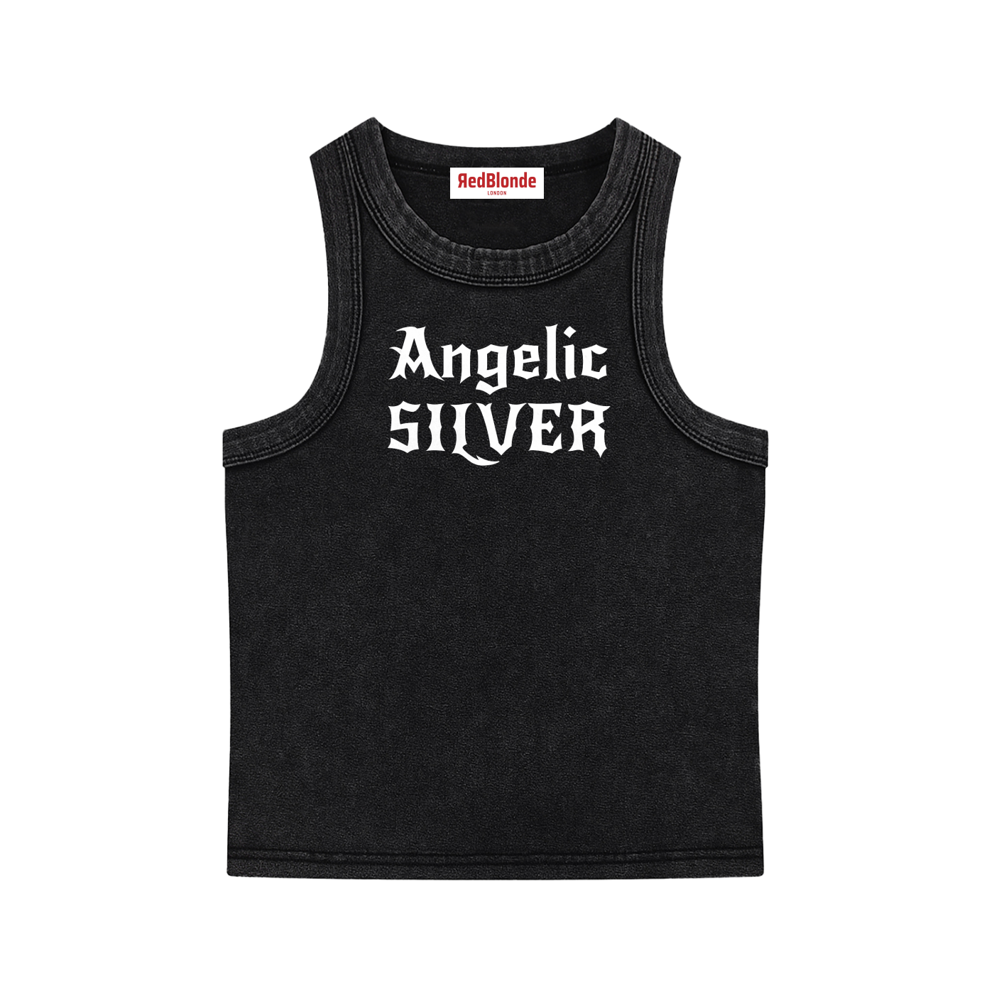 black snow-washed tank t-shirt with white gothic New Rockstar text reading “Angelic Silver” across the chest.