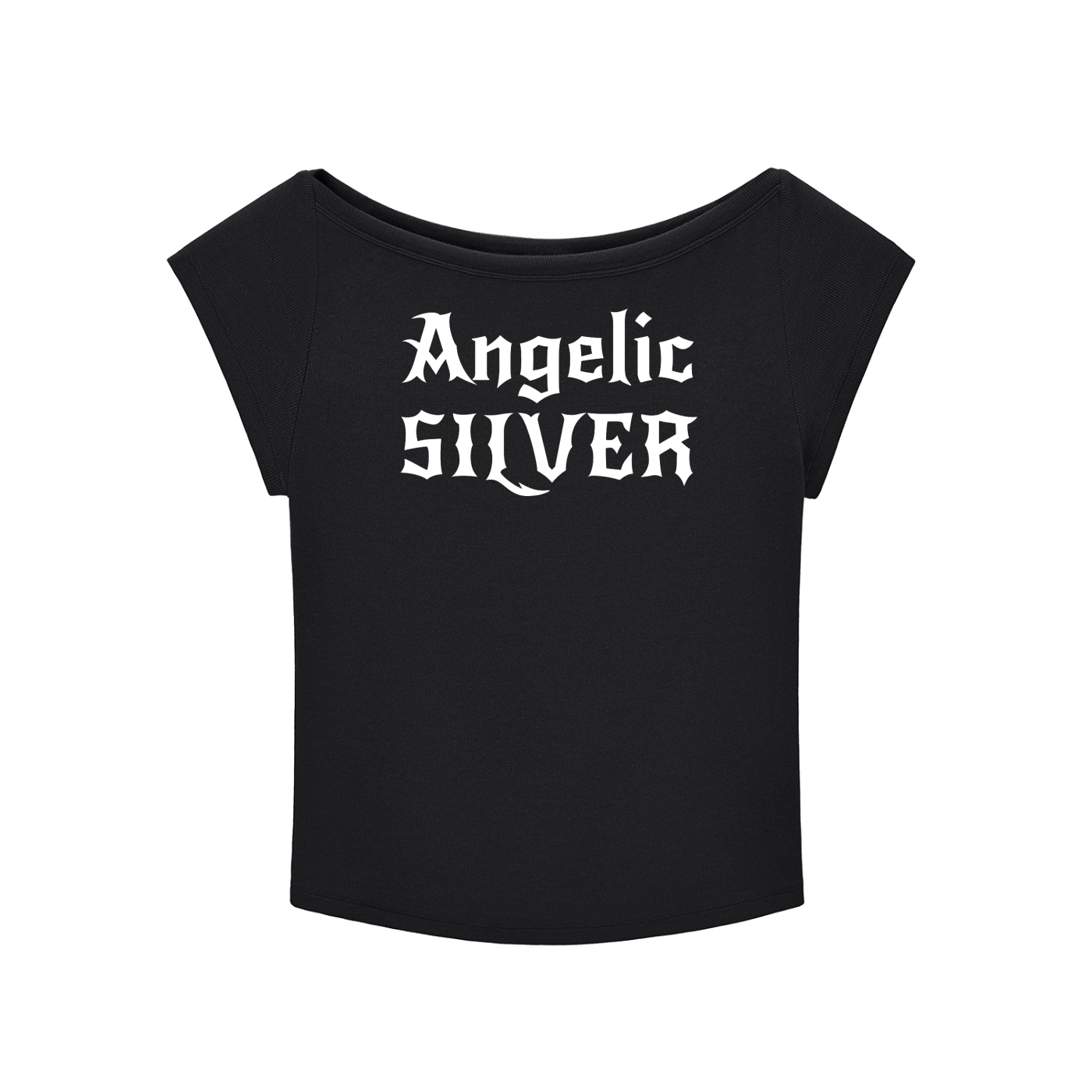 Black wide-neck t-shirt with white gothic New Rockstar text reading “Angelic Silver” across the chest.