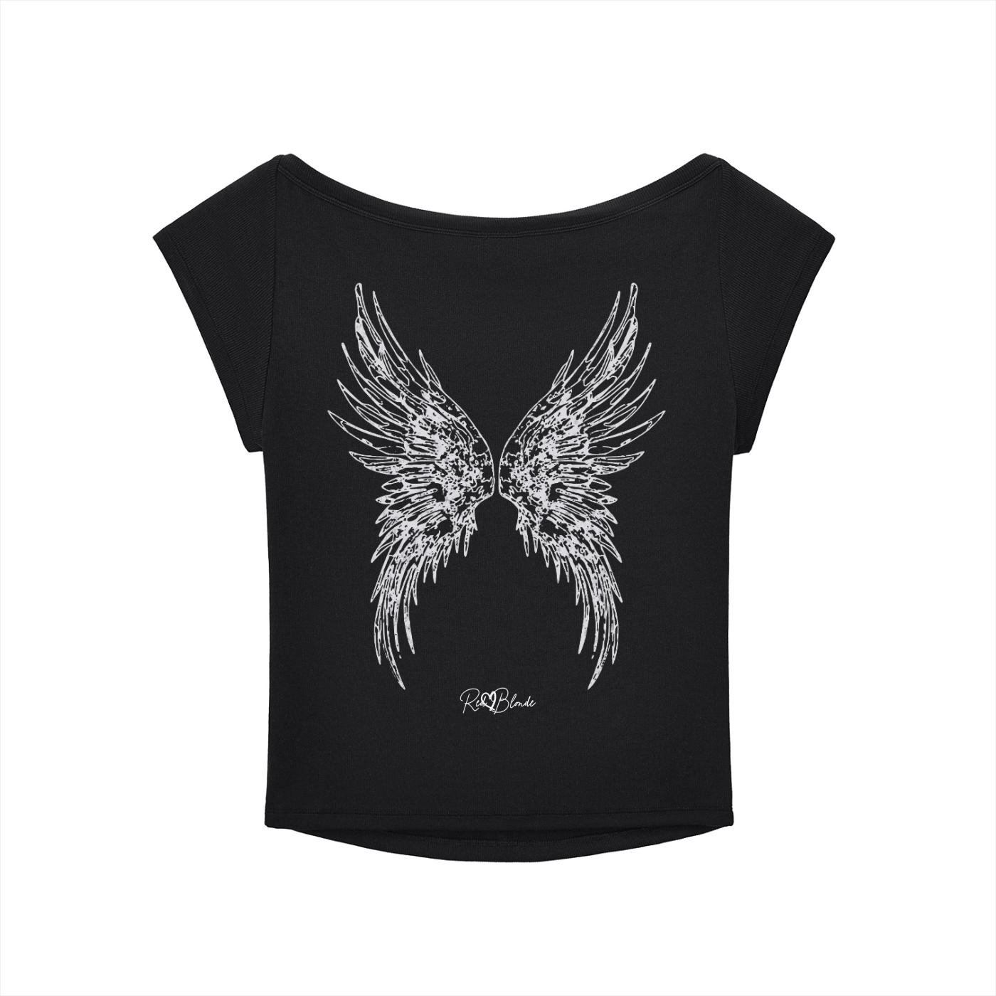 black short-sleeve top with a wide neckline, featuring a large white wing illustration on the front and a small RedBlonde logo underneath.
