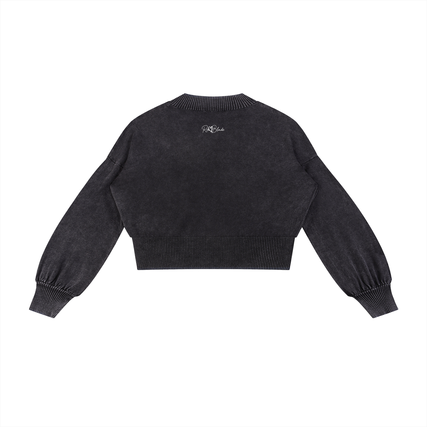Black sweater with balloon sleeves on a white background with RedBlonde logo