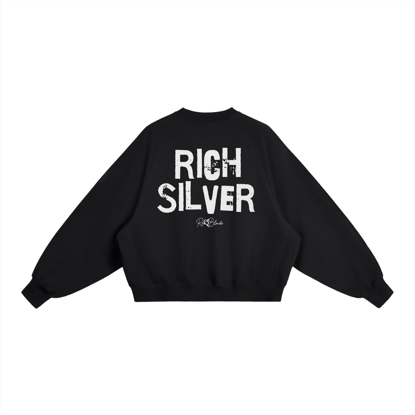 Black oversized dolman-sleeve sweatshirt shown from the back on a plain white background. It has a boxy, relaxed fit with dropped shoulders, ribbed crew neckline, ribbed cuffs, and a ribbed hem band. Centered on the back is a distressed white “RICH BRUNETTE” Ed Gein graphic with a small “RedBlonde” script logo beneath.