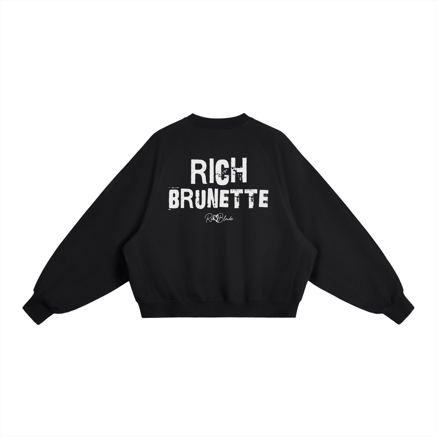 Black oversized dolman-sleeve sweatshirt shown from the back on a plain white background. It has a boxy, relaxed fit with dropped shoulders, ribbed crew neckline, ribbed cuffs, and a ribbed hem band. Centered on the back is a distressed white “RICH BRUNETTE” Ed Gein graphic with a small “RedBlonde” script logo beneath.