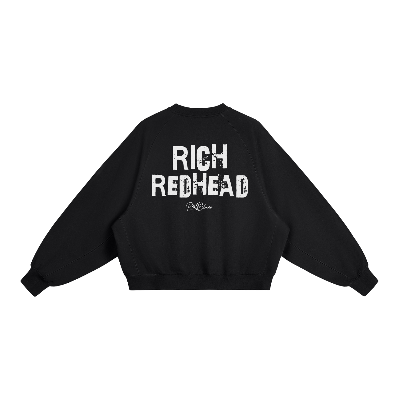 Black oversized dolman-sleeve sweatshirt shown from the back on a plain white background. It has a boxy, relaxed fit with dropped shoulders, ribbed crew neckline, ribbed cuffs, and a ribbed hem band. Centered on the back is a distressed white “RICH REDHEAD” Ed Gein graphic with a small “RedBlonde” script logo beneath.