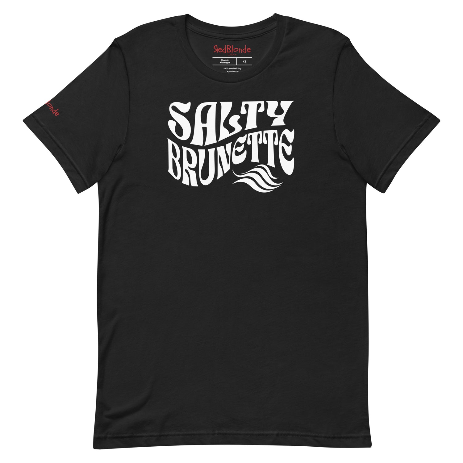 flatlay of black classic unisex graphic t-shirt with the slogan 'Salty Brunette' in Solino Display white retro 70s wavy font. Branded RedBlonde in red on inside neck and right sleeve