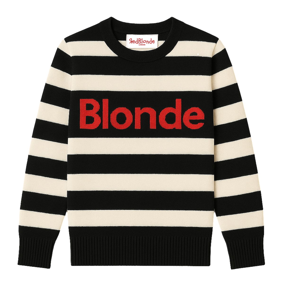 Black and cream striped cashmere jumper with the word ‘Blonde’ knitted boldly across the chest in red, shown flat against a white background."