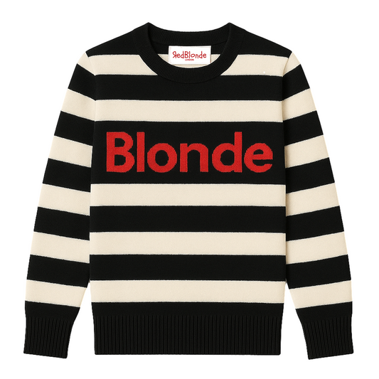 Black and cream striped cashmere jumper with the word ‘Blonde’ knitted boldly across the chest in red, shown flat against a white background."
