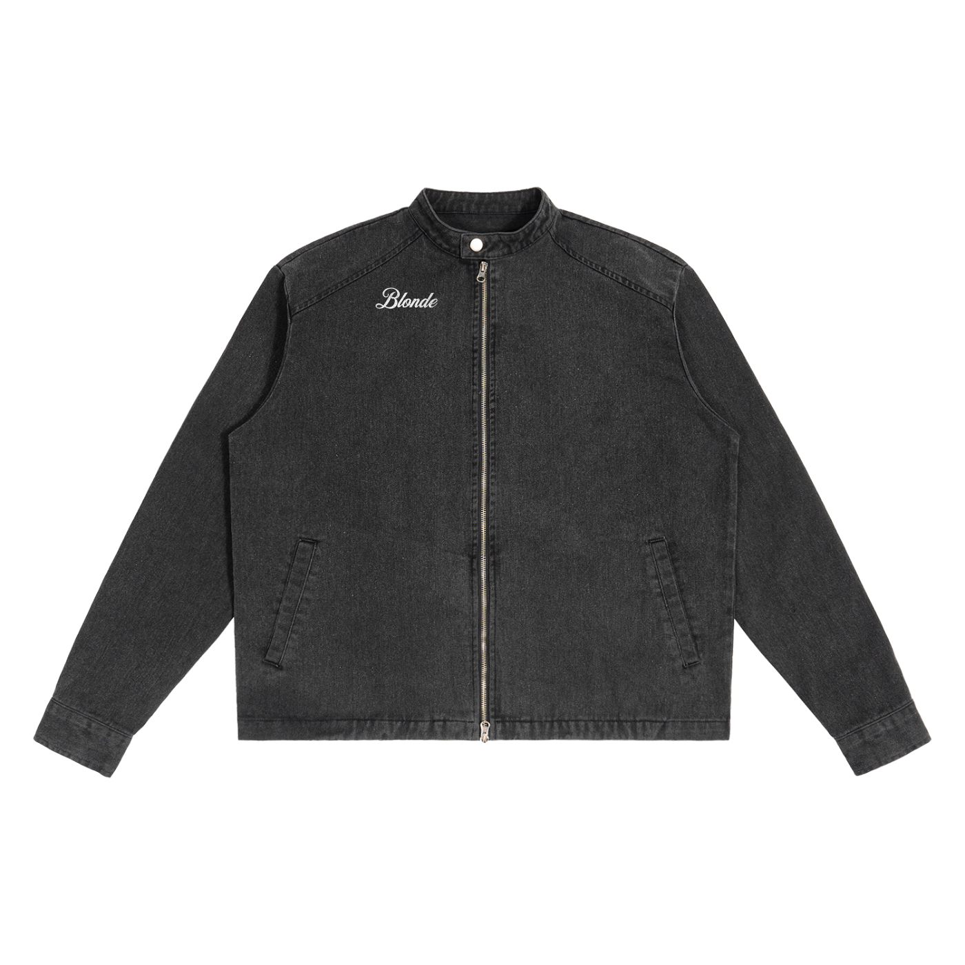 Black denim jacket with 'Blonde' graphic in Milkstore font, on a white background