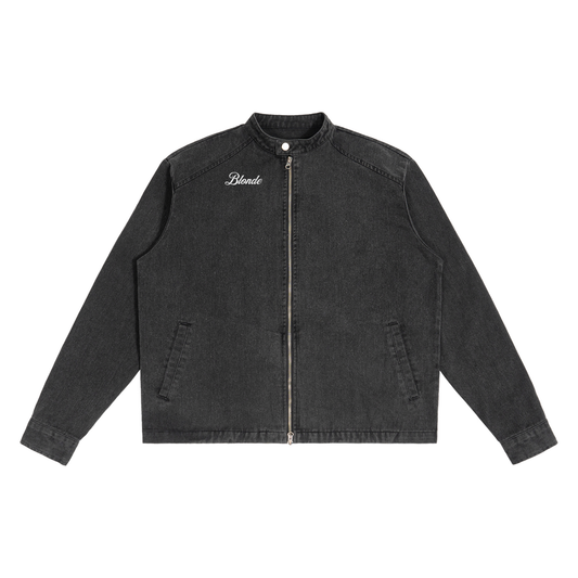Black denim jacket with 'Blonde' graphic in Milkstore font, on a white background
