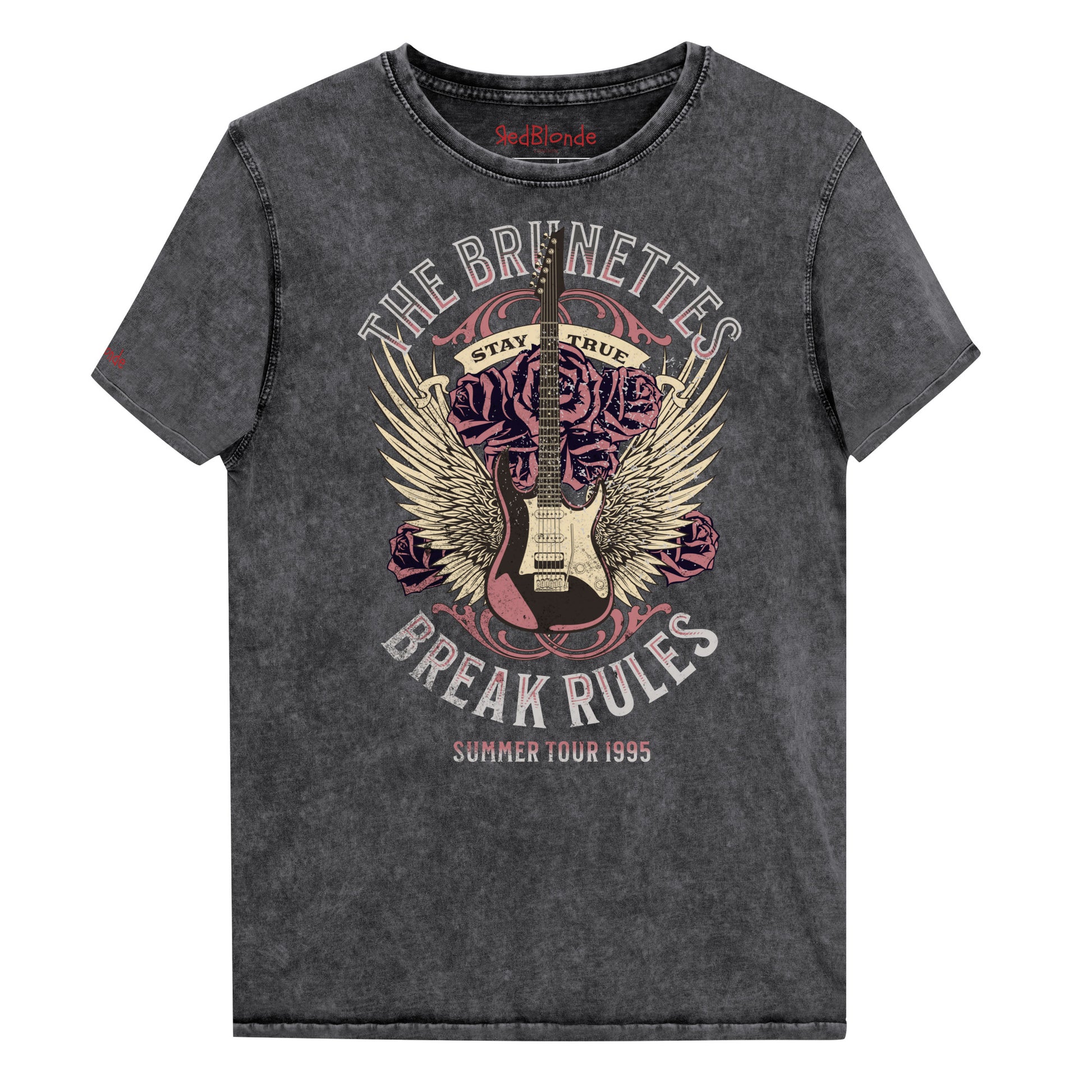A black denim wash unisex t-shirt with a burnt pink & beige graphic of a guitar with bird wings emerging from the side. The graphic features ‘THE BRUNETTES’ in Brookfield font above the guitar, ‘STAY TRUE' across the top and 'BREAK RULES’ underneath. Branded RedBlonde London in inside neck and right sleeve.