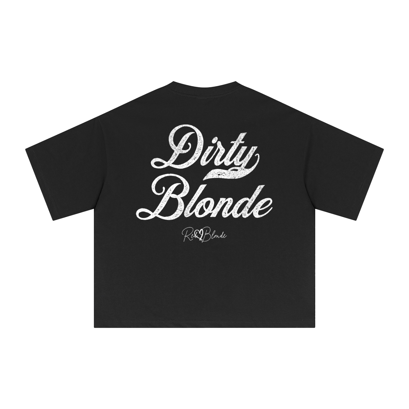 Back view of a black boxy oversized unisex T-shirt with bold white Milkstore 01 vintage-style script reading “Dirty Blonde” and the RedBlonde signature logo beneath