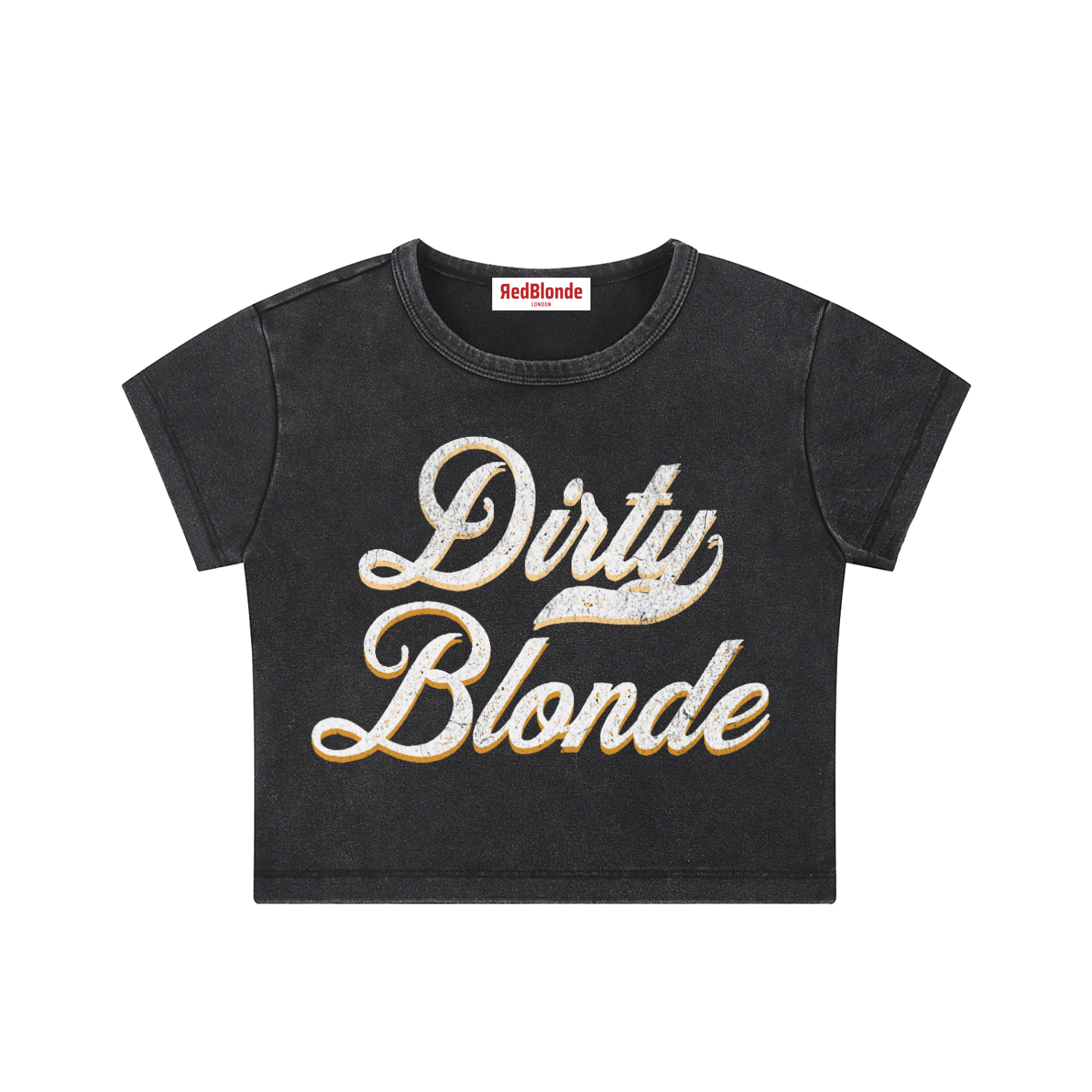 black short-sleeve crop T-shirt with large cursive “Dirty Blonde” Milkstore text in white and yellow on the front, and a small “RedBlonde London” label at the neckline.
