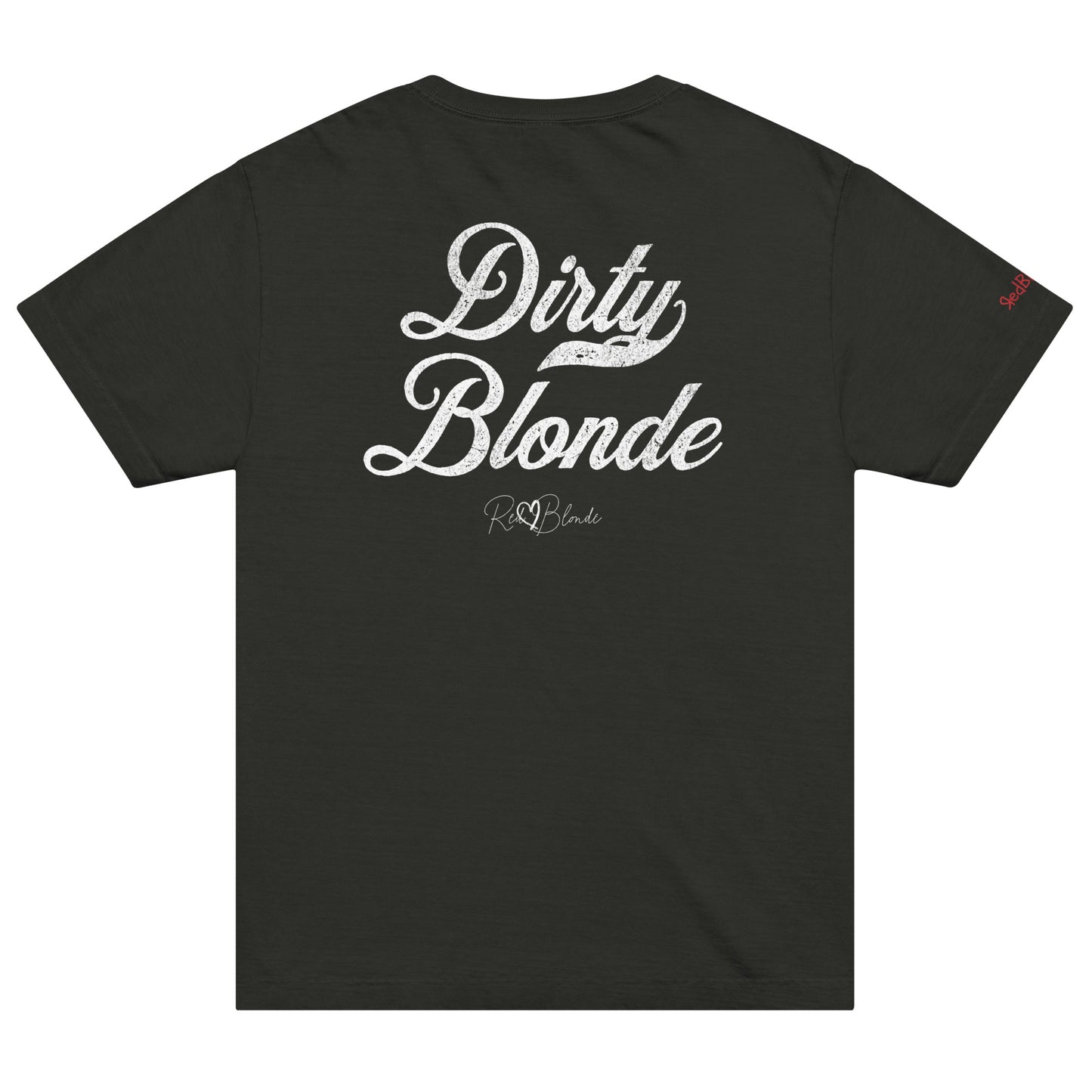 Back view of a black oversized unisex T-shirt with bold black Milkstore 01 vintage-style script reading “Dirty Blonde” and the RedBlonde signature logo beneath, plus a small RedBlonde logo detail on the right sleeve.