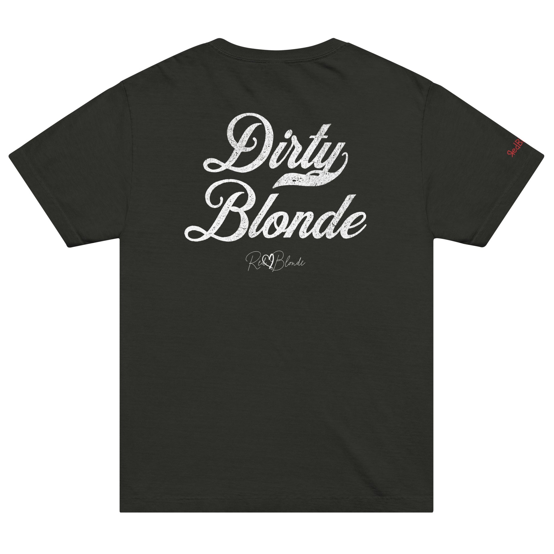 Back view of a black oversized unisex T-shirt with bold black Milkstore 01 vintage-style script reading “Dirty Blonde” and the RedBlonde signature logo beneath, plus a small RedBlonde logo detail on the right sleeve.