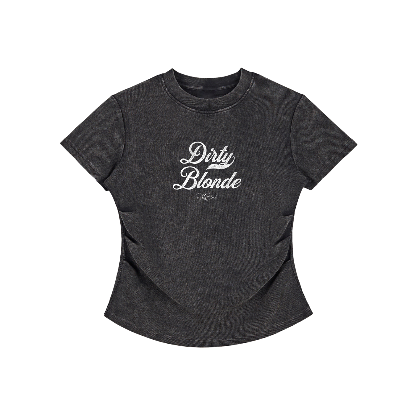 A fitted, short-sleeve black crewneck T-shirt laid flat on a white background. It has subtle ruching/contouring at the sides and a slightly curved hem. White script text across the chest reads “Dirty Blonde,” in Milkstore 01 script with a small cursive “RedBlonde” logo beneath.